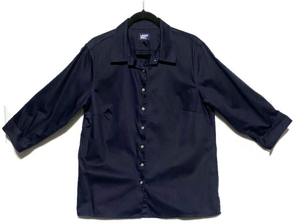 Lands' End Women's Large Blue 3/4 Sleeve Button-Up Collared Shirt